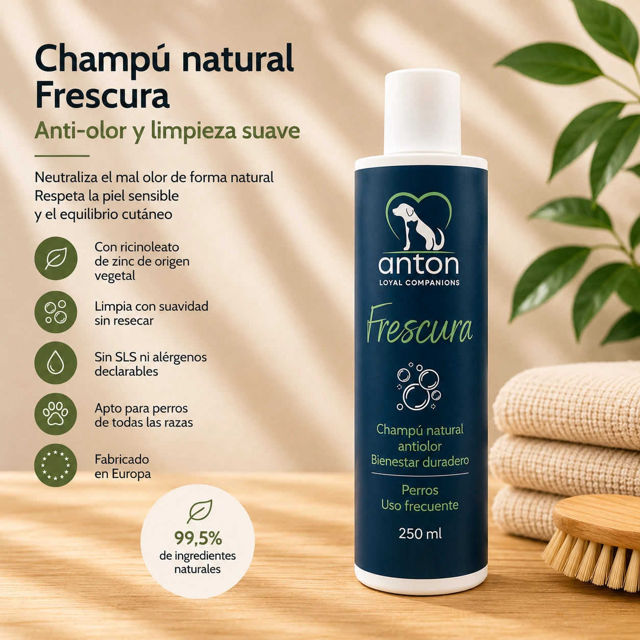 Champú natural Frescura Anton Loyal Companions para perros con efecto antiolor y limpieza suave sobre fondo natural