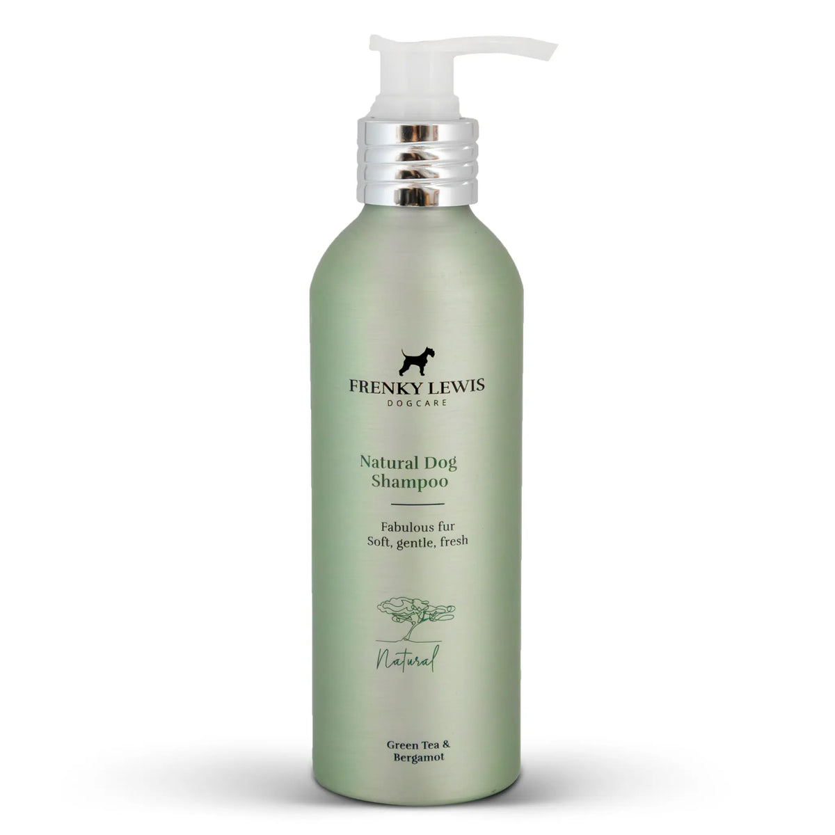 Champú para perros Frenky Lewis Green Tea & Bergamot, en envase verde de 200 ml con dosificador blanco, sobre fondo blanco.