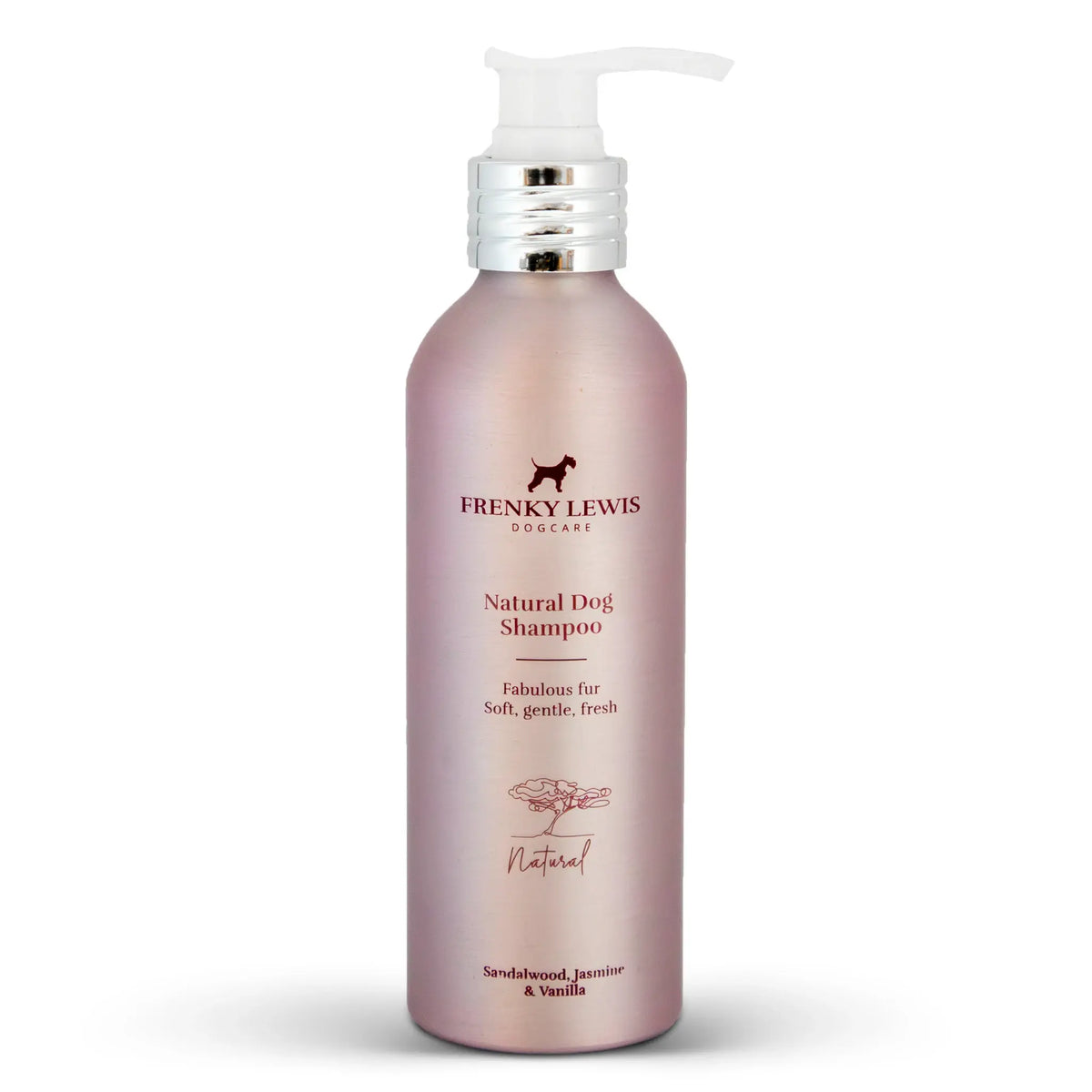Champú para perros Frenky Lewis Sandalwood, Jasmine & Vanilla, en envase rosa de 200 ml con dosificador blanco, sobre fondo blanco.