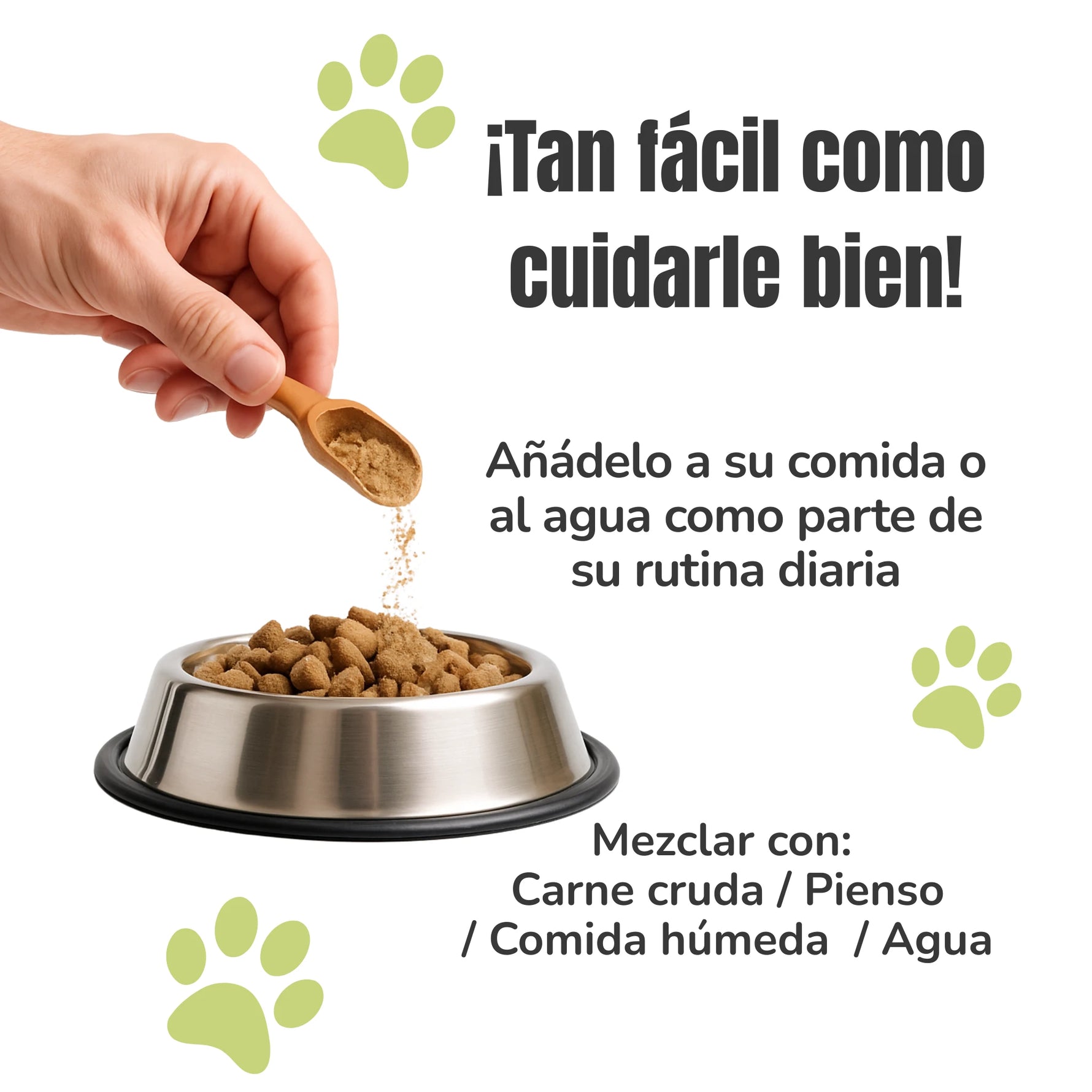 Cómo añadir un suplemento natural para perros y gatos a su comida o agua mezclándolo con pienso, comida húmeda o carne cruda