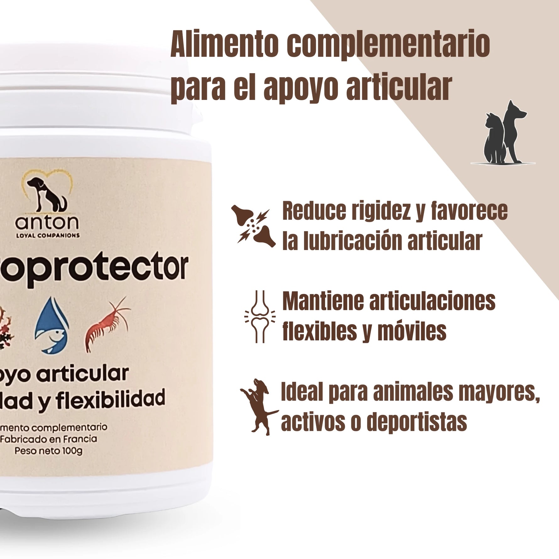 Condroprotector ANTON Loyal Companions para el apoyo articular en perros y gatos, alimento complementario que ayuda a mantener articulaciones flexibles y móviles.