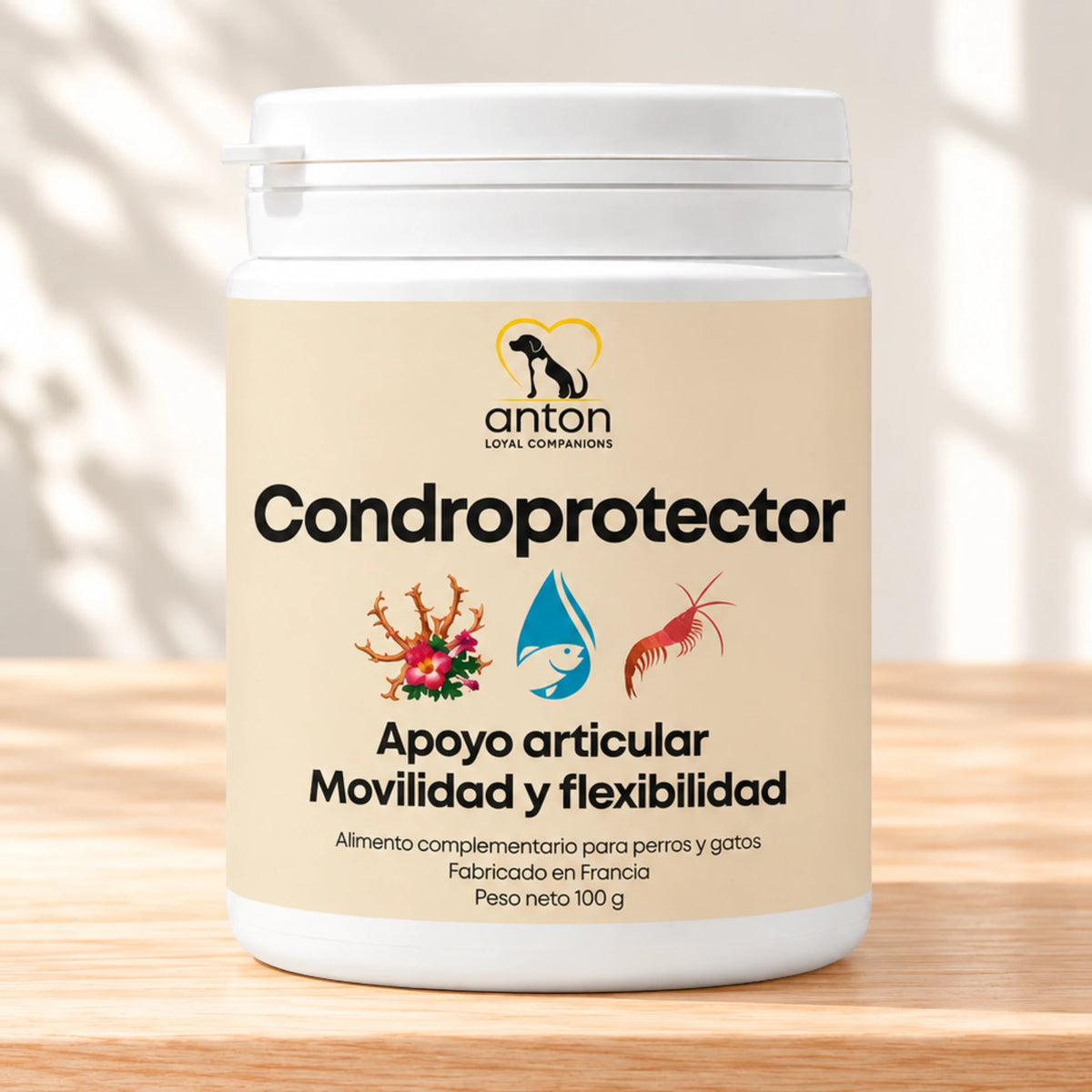 Condroprotector ANTON Loyal Companions para perros y gatos, apoyo articular, movilidad y flexibilidad. Bote de 100 g, fabricado en Francia.