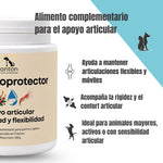 Infografía sobre el Condroprotector para perros y gatos destacando su apoyo a la movilidad y flexibilidad articular, el acompañamiento del confort articular y su uso en animales mayores, activos o con sensibilidad articular.