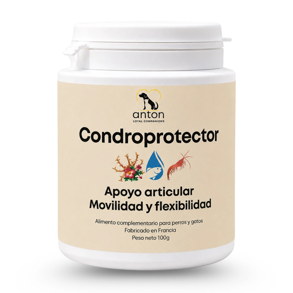 Envase de Condroprotector para perros y gatos sobre fondo blanco. Complemento alimentario formulado para acompañar la movilidad, la flexibilidad y el bienestar articular diario de perros y gatos.