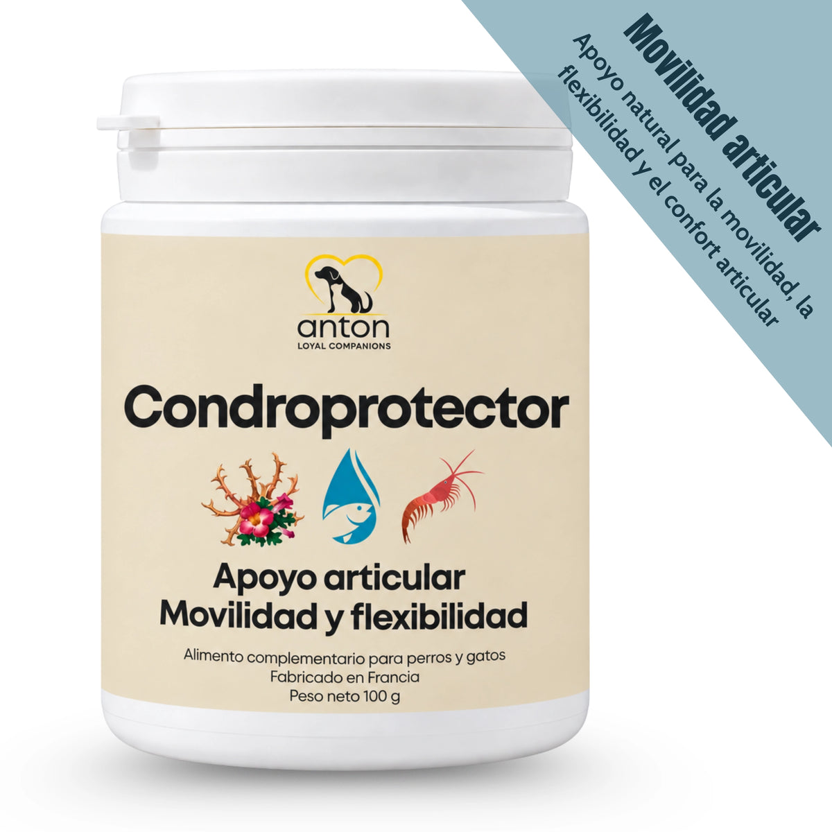 Condroprotector ANTON de 100 g para perros y gatos, con mensaje destacado «Movilidad articular». Complemento alimentario para apoyar la movilidad, flexibilidad y confort articular.