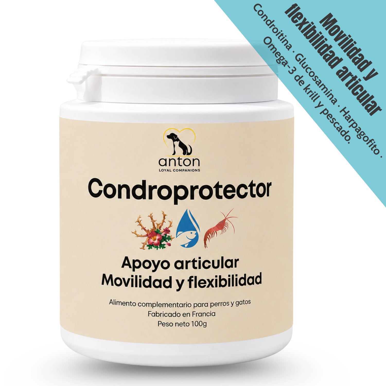 Condroprotector natural para perros y gatos con ingredientes orientados al apoyo articular. Imagen del envase con menciones a glucosamina, harpagofito, omega 3 de krill y pescado para acompañar la movilidad y la flexibilidad diaria
