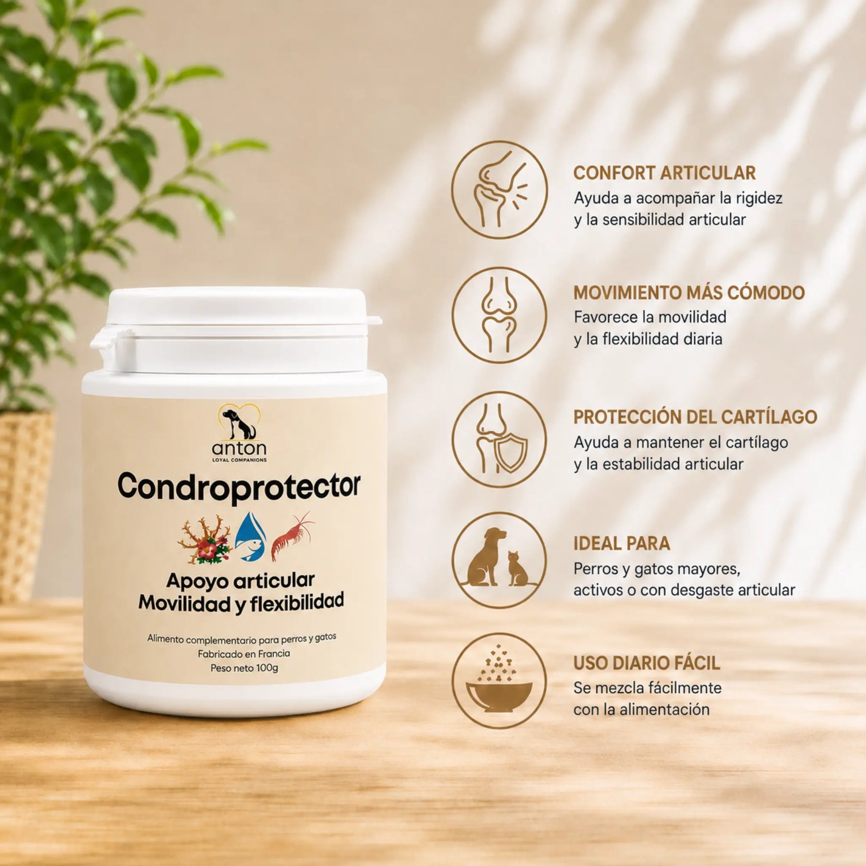 Condroprotector para perros y gatos, apoyo nutricional para el cartílago, la movilidad, la flexibilidad y el confort articular diario.