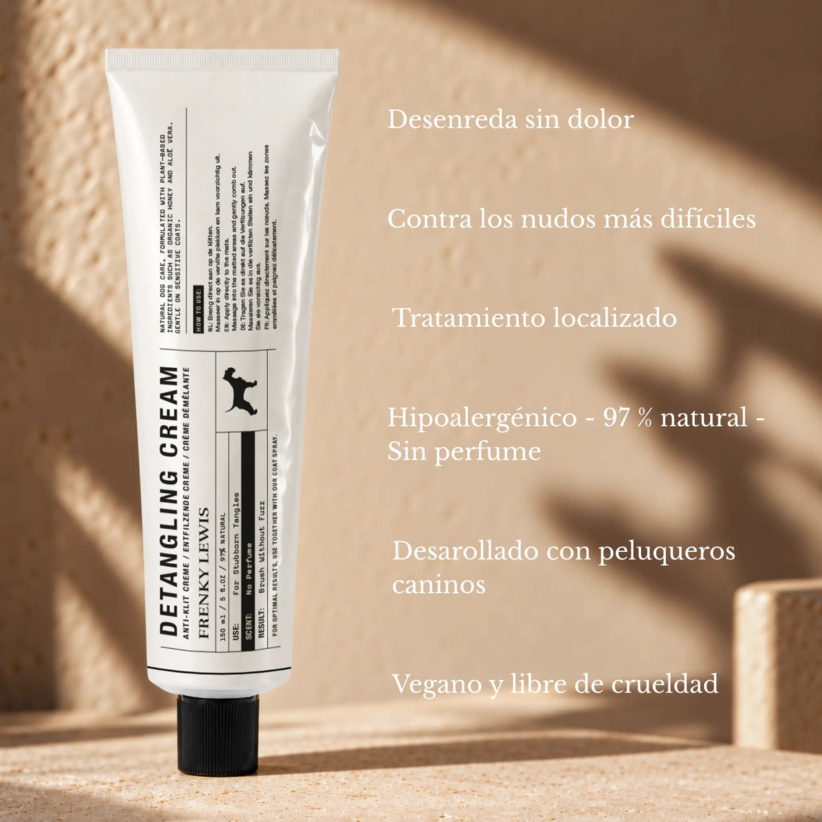 Crema desenredante para perros Frenky Lewis de 150 ml, con fórmula hipoalergénica sin perfume y un 97 % de ingredientes de origen natural, para facilitar la eliminación de nudos.