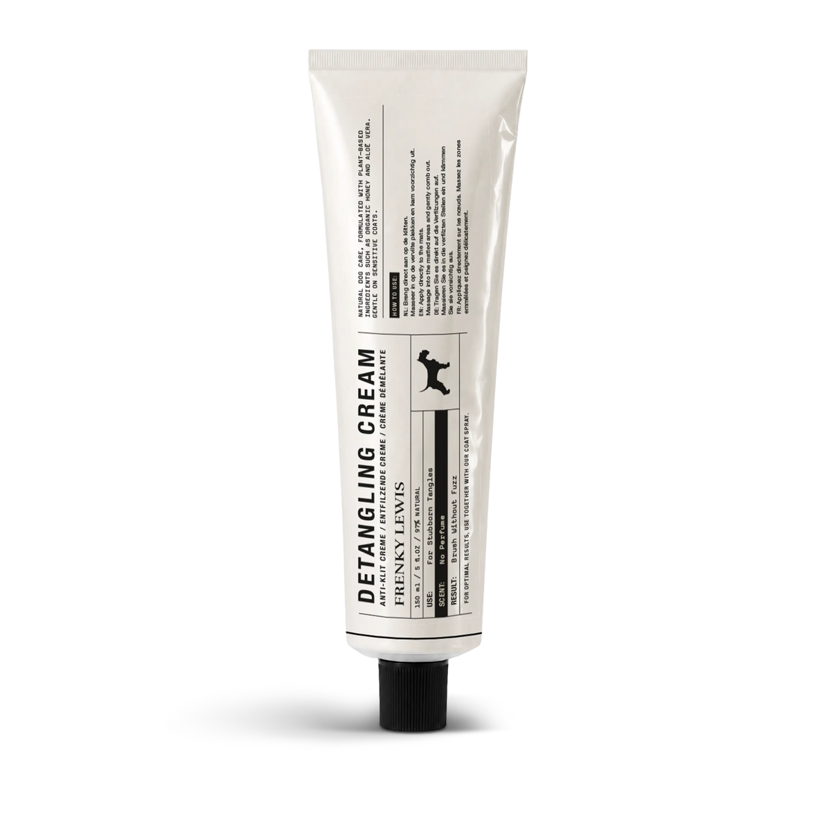 Crema desenredante para perros Frenky Lewis de 150 ml, presentada en tubo blanco con etiqueta negra y tapón negro estriado.
