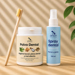 Cuidado completo para la higiene dental natural de perros y gatos con polvo dental, spray dental y cepillo de bambú ANTON Loyal Companions.