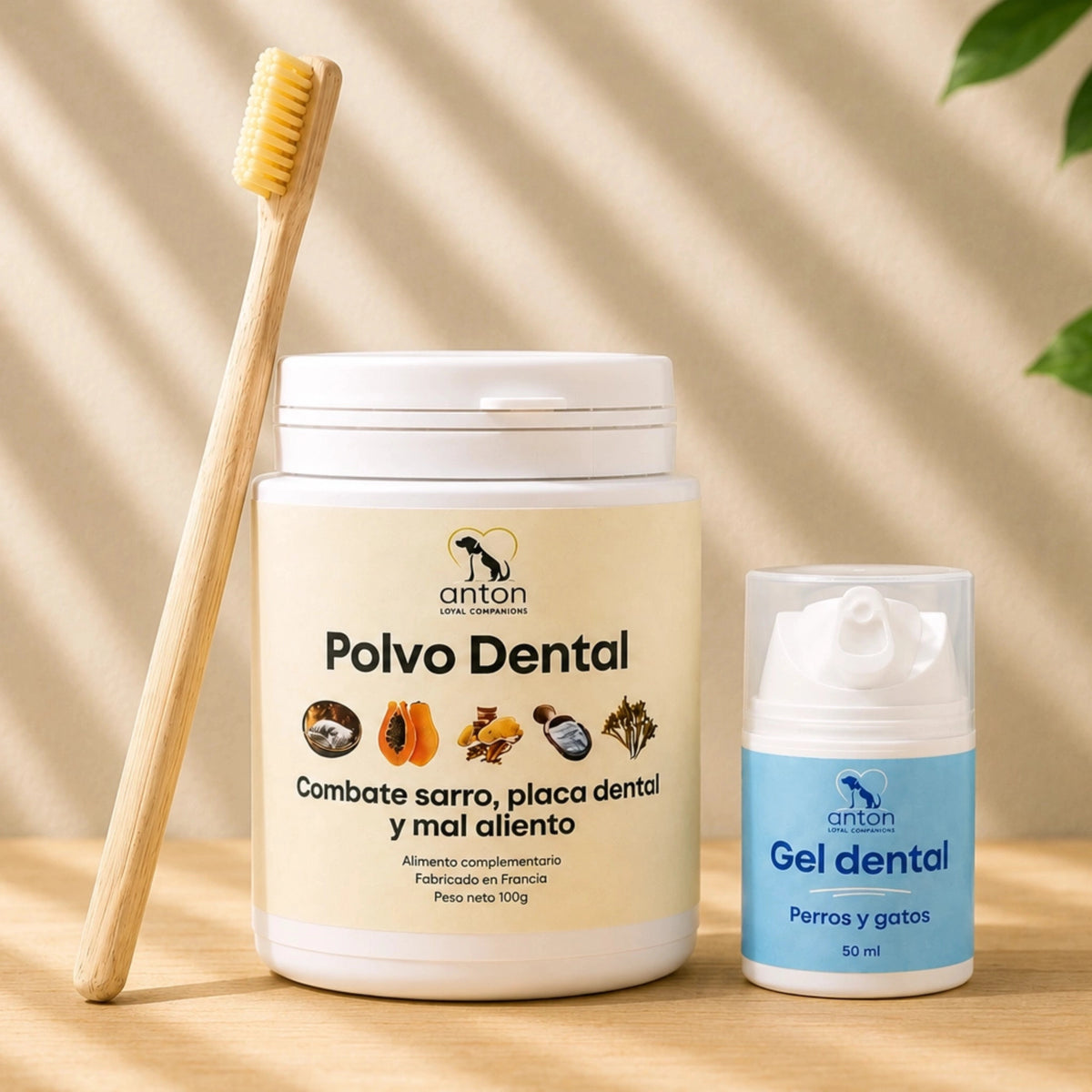 Cuidado completo de higiene dental Anton Loyal Companions para perros y gatos con polvo dental, gel dental natural y cepillo de bambú.