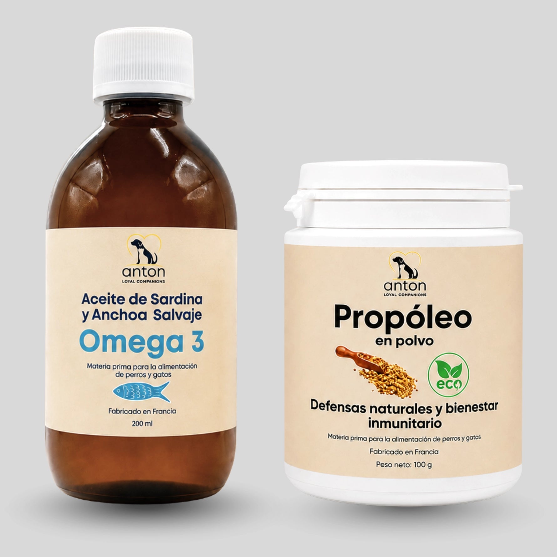 Cuidado completo para perros y gatos con Aceite Omega-3 EPA/DHA y Propóleo ECO. Combinación de complementos alimenticios naturales para el bienestar diario y el apoyo de las defensas naturales.