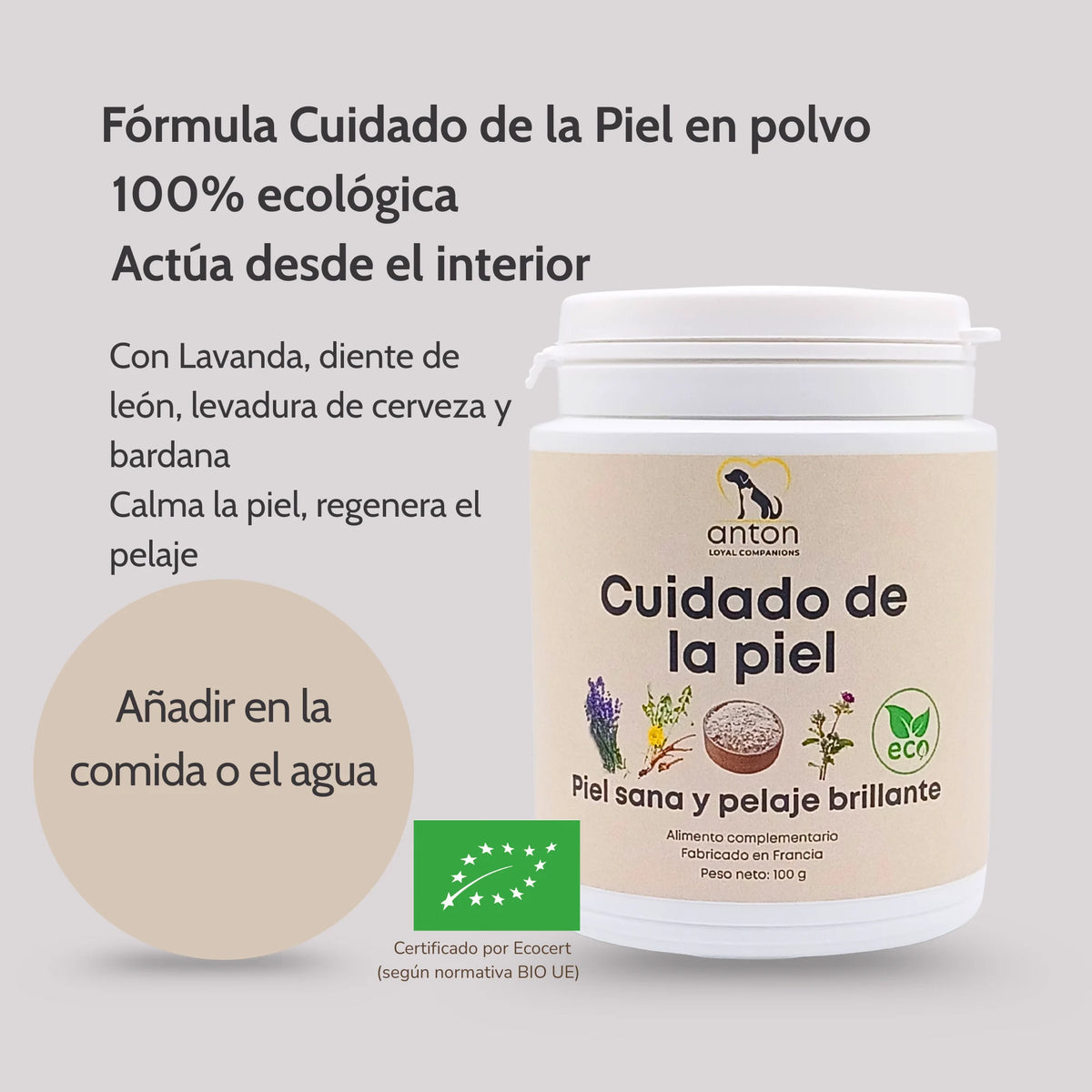 Cuidado de la Piel ecológico en polvo ANTON Loyal Companions para perros y gatos, con lavanda, diente de león, levadura de cerveza y bardana, calma y regenera la piel, certificado por Ecocert.