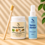 Cuidado dental completo para perros y gatos con spray dental natural, polvo dental y cepillo de dientes de bambú para la higiene bucal diaria