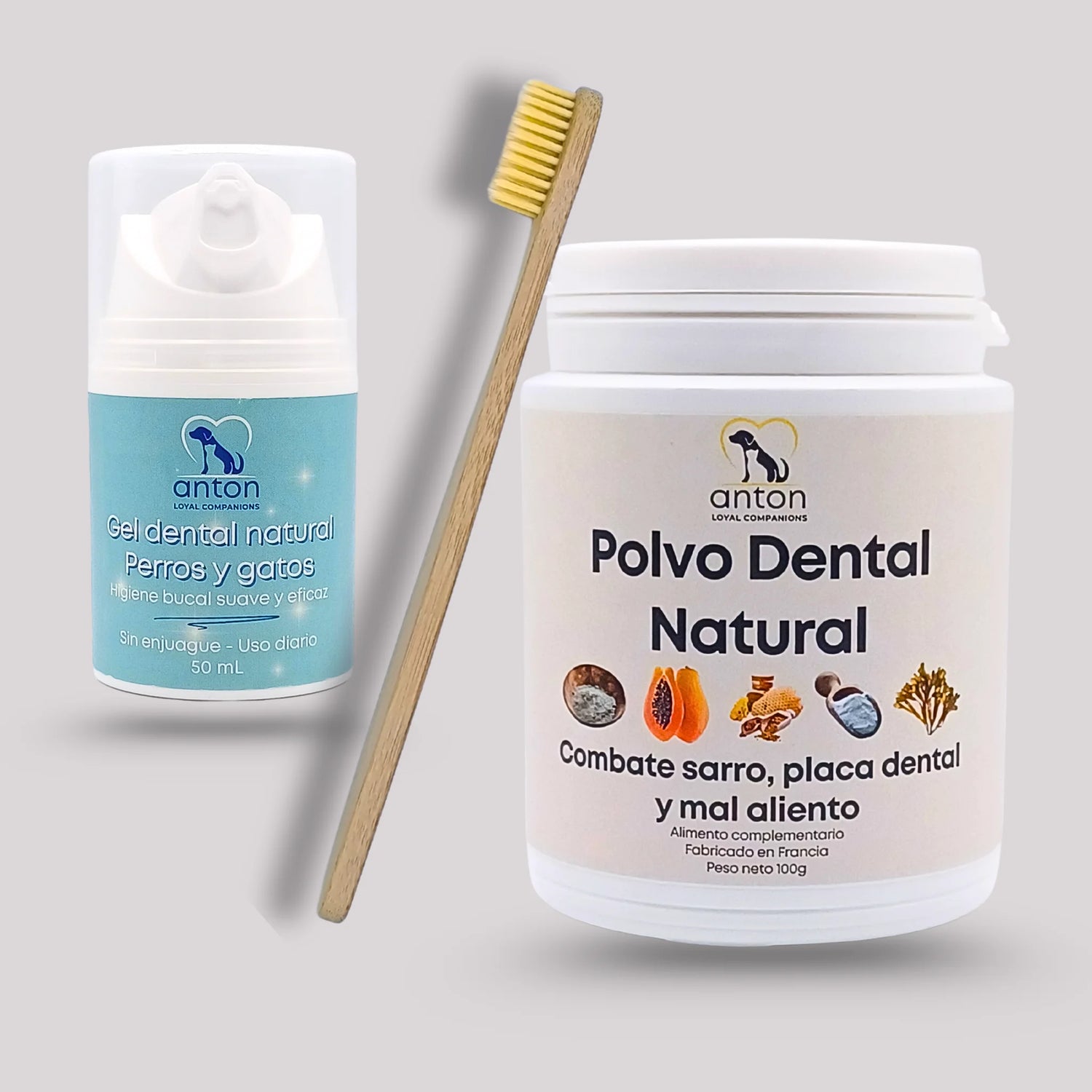 Pack dental natural ANTON Loyal Companions con gel y polvo dental para perros y gatos, combate el sarro y el mal aliento, cepillo de bambú incluido, uso diario seguro.