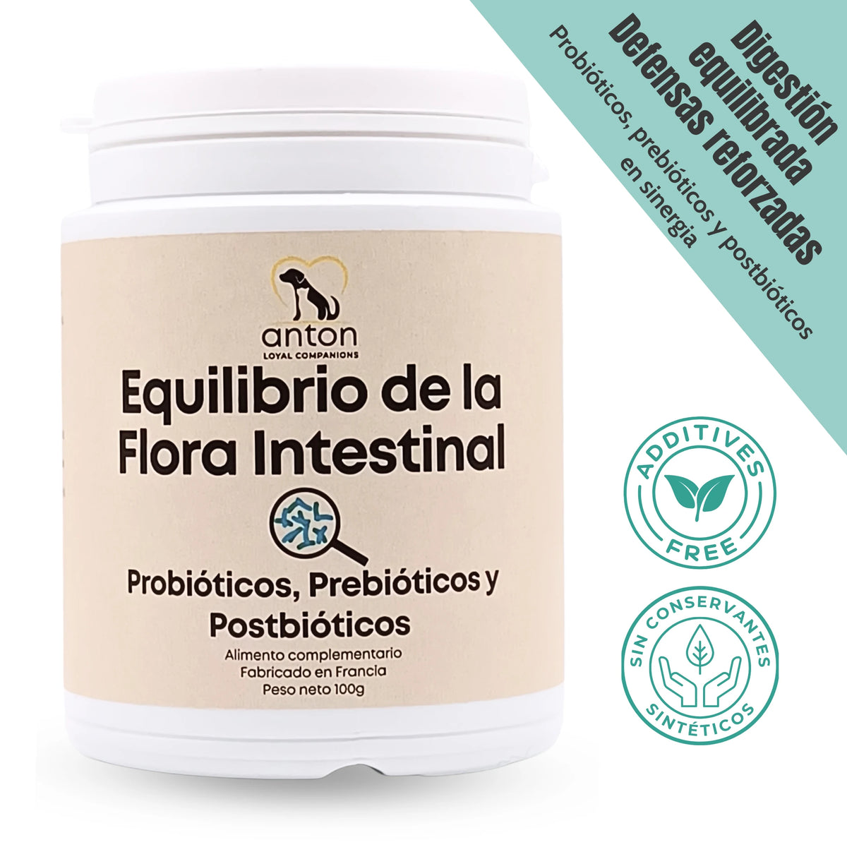 Suplemento natural para la digestión y el equilibrio de la flora intestinal en perros y gatos con probióticos prebióticos y postbióticos ANTON