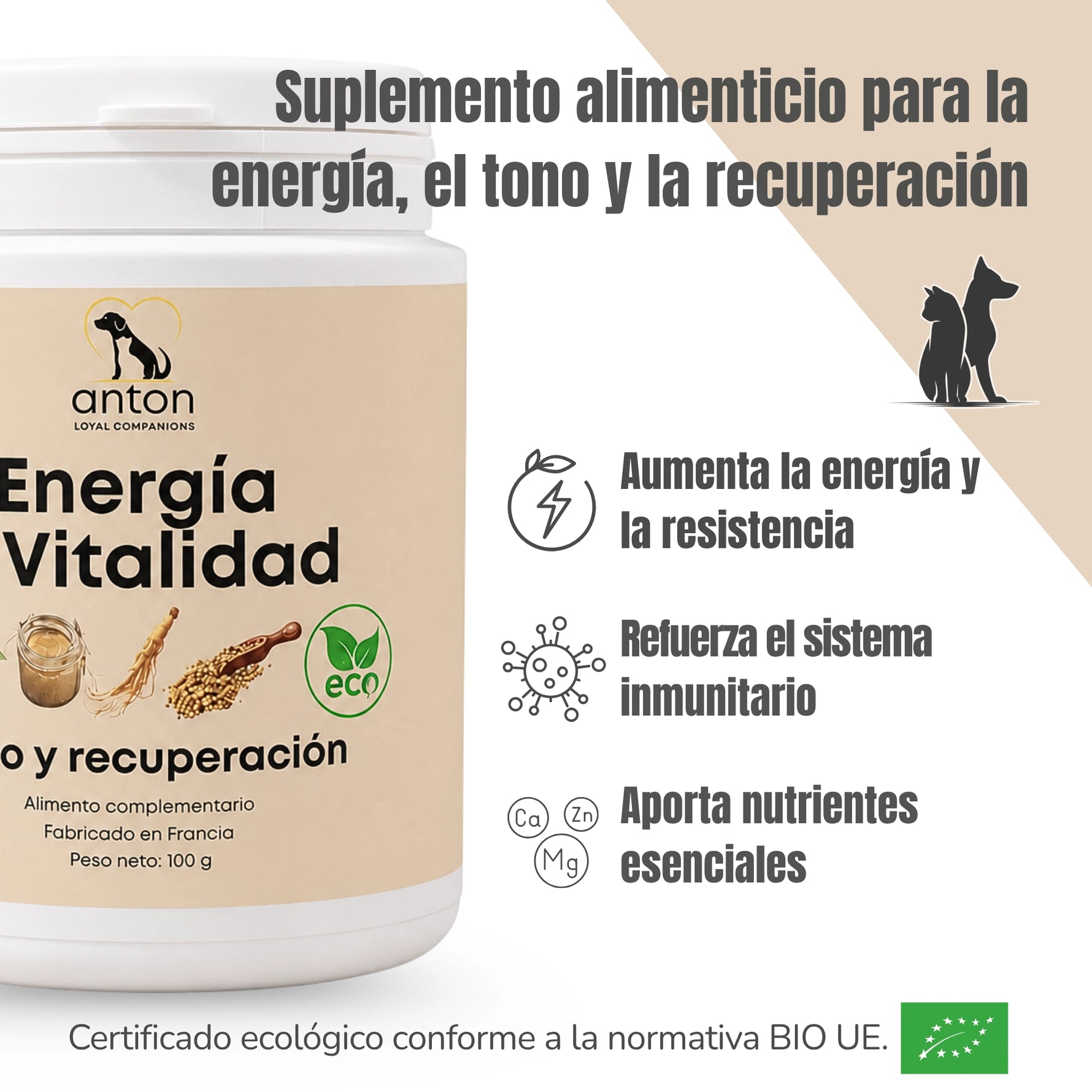 Energía y Vitalidad BIO para perros y gatos, complemento alimentario para apoyar la energía, el tono, la recuperación y las defensas naturales.