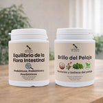 Suplementos naturales ANTON Loyal Companions Equilibrio de la Flora Intestinal y Brillo del Pelaje sobre mesa de madera clara con luz suave