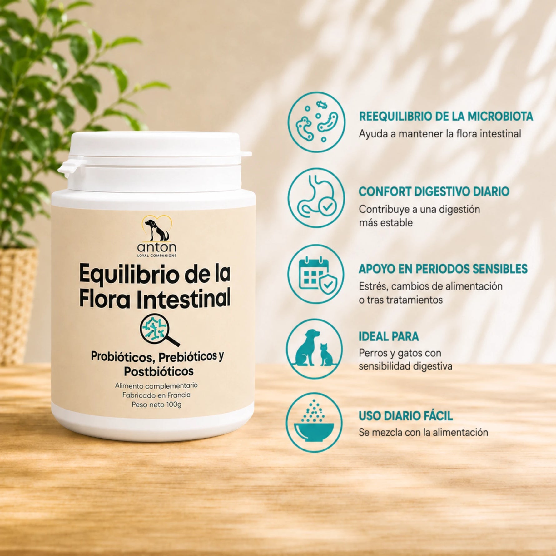 Equilibrio de la Flora Intestinal para perros y gatos con probióticos, prebióticos y postbióticos para apoyar la microbiota y el confort digestivo.