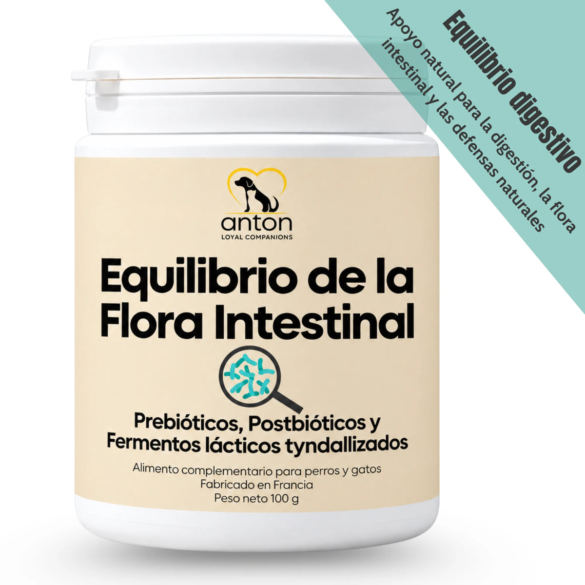 Equilibrio de la flora intestinal para perros y gatos de ANTON Loyal Companions, con prebióticos, postbióticos y fermentos lácticos tyndallizados para apoyar la digestión, la microbiota intestinal y las defensas naturales.