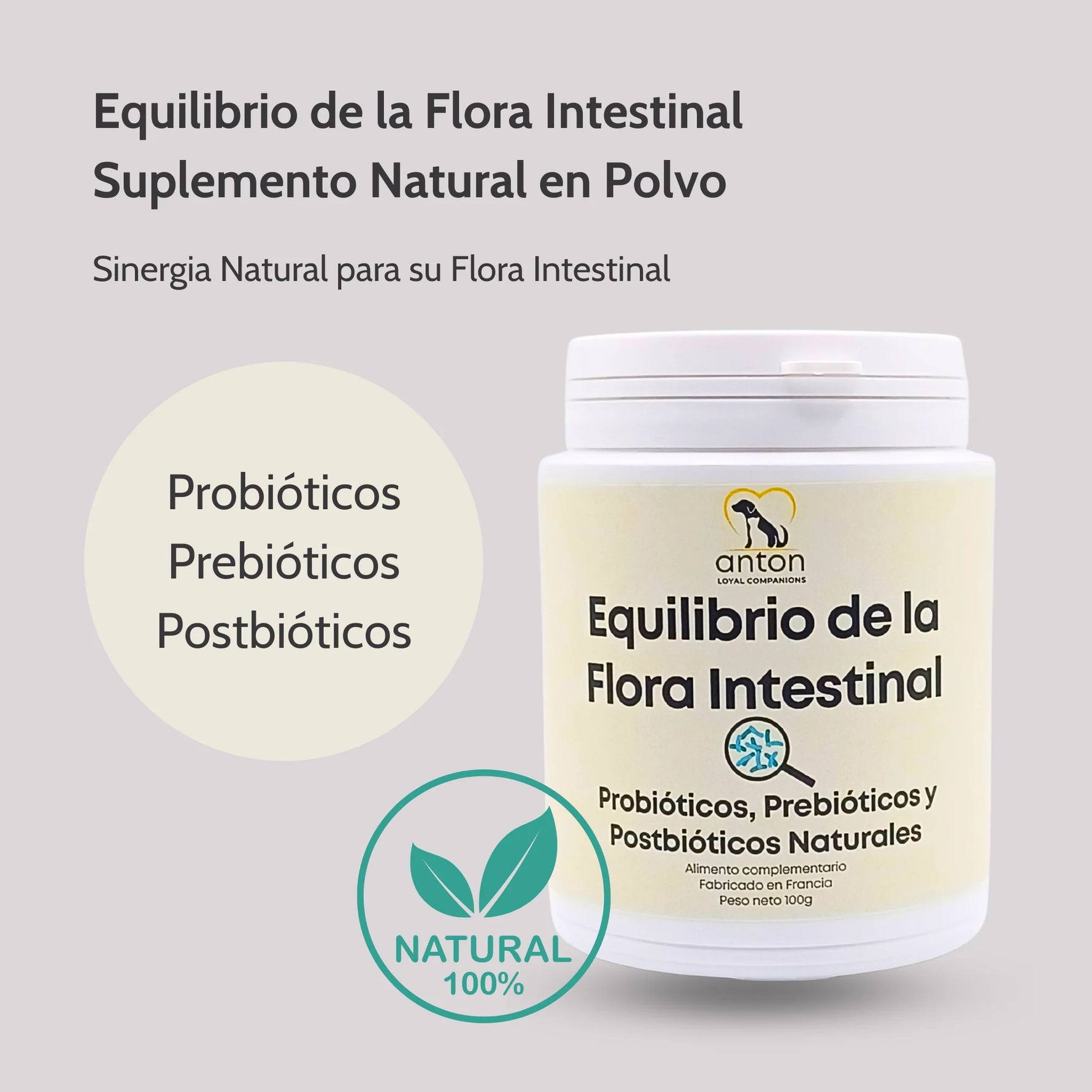 Equilibrio de la Flora Intestinal suplemento natural en polvo ANTON Loyal Companions para perros y gatos, con probióticos, prebióticos y postbióticos, favorece la digestión y el bienestar intestinal.