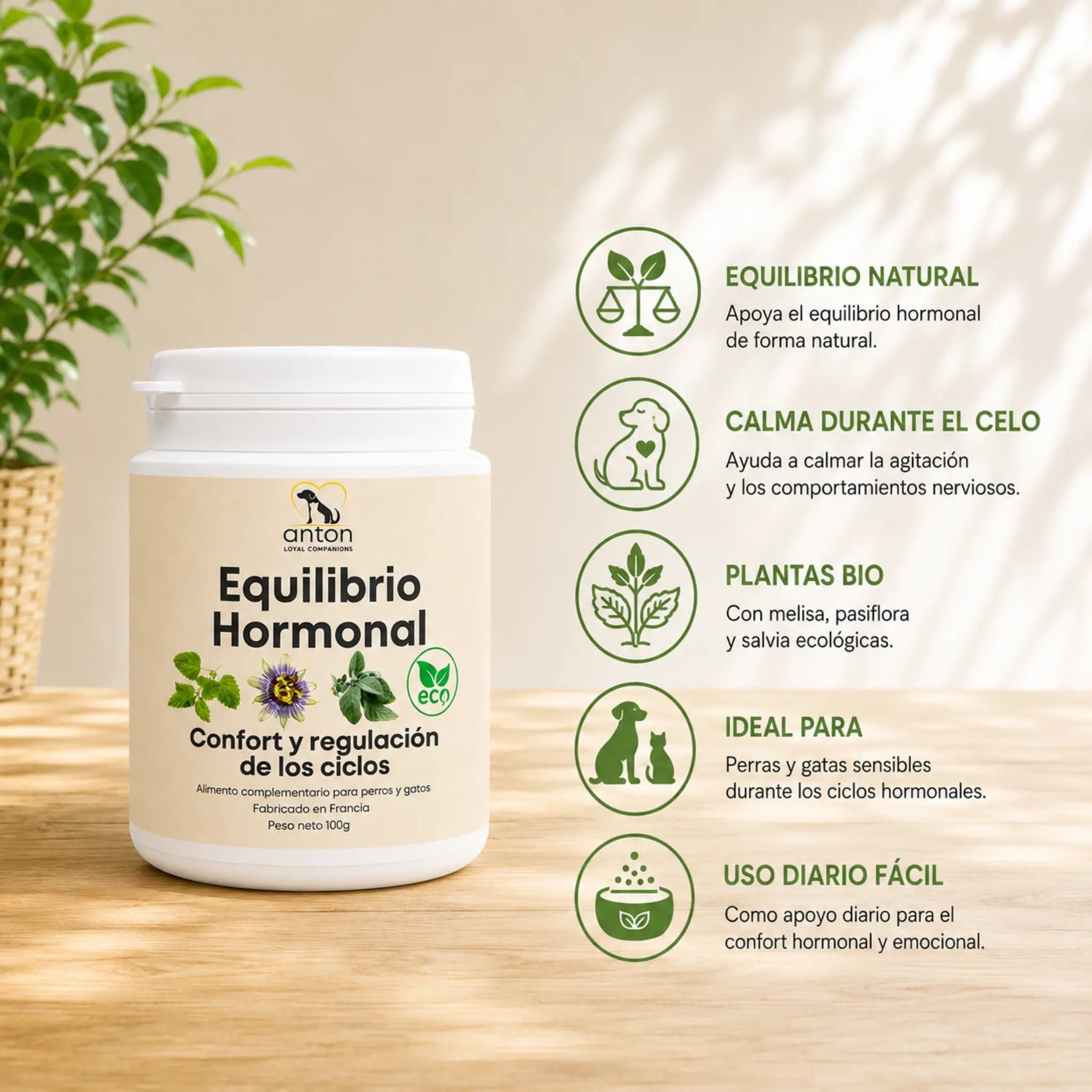 Equilibrio Hormonal BIO para perras y gatas, fórmula con plantas para acompañar el confort y la regulación natural de los ciclos.