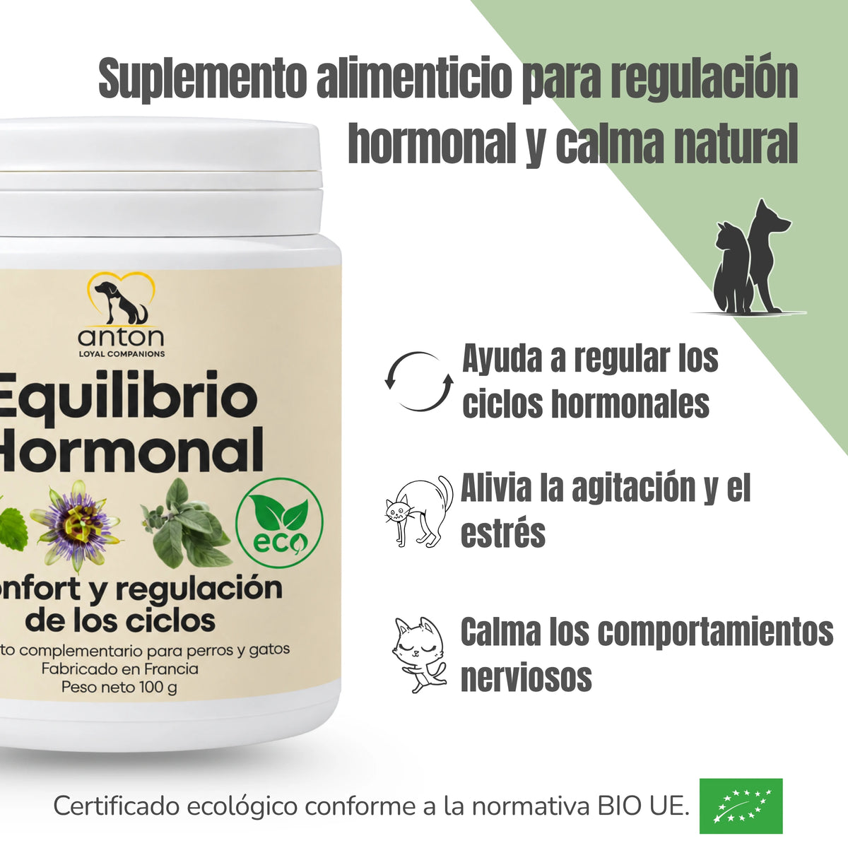 Infografía de Equilibrio Hormonal ECO ANTON para perros y gatos, con certificación ecológica europea. Presenta sus beneficios para la regulación de los ciclos hormonales, la calma y el bienestar emocional.