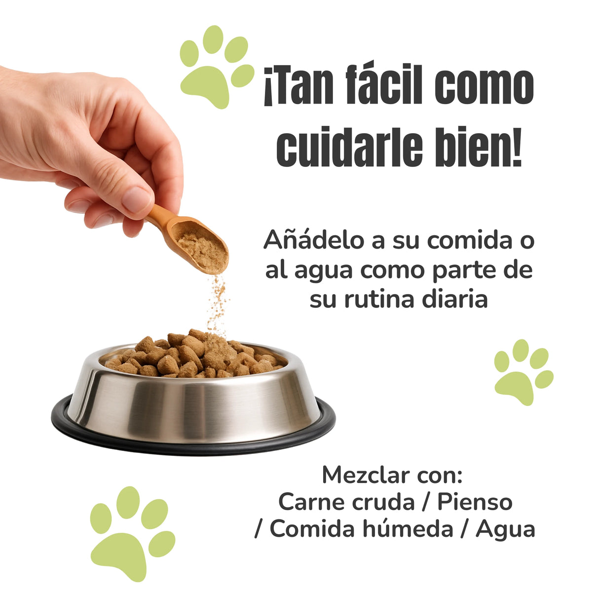 Modo de uso de la fórmula equilibrio hormonal para perros y gatos, mezclada con la comida o el agua como suplemento natural diario