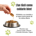 Infografía de Equilibrio Hormonal ECO ANTON LC que muestra cómo administrar el suplemento a perros y gatos. El polvo puede mezclarse con carne cruda, pienso, comida húmeda o agua como parte de la alimentación diaria para facilitar su uso cotidiano.