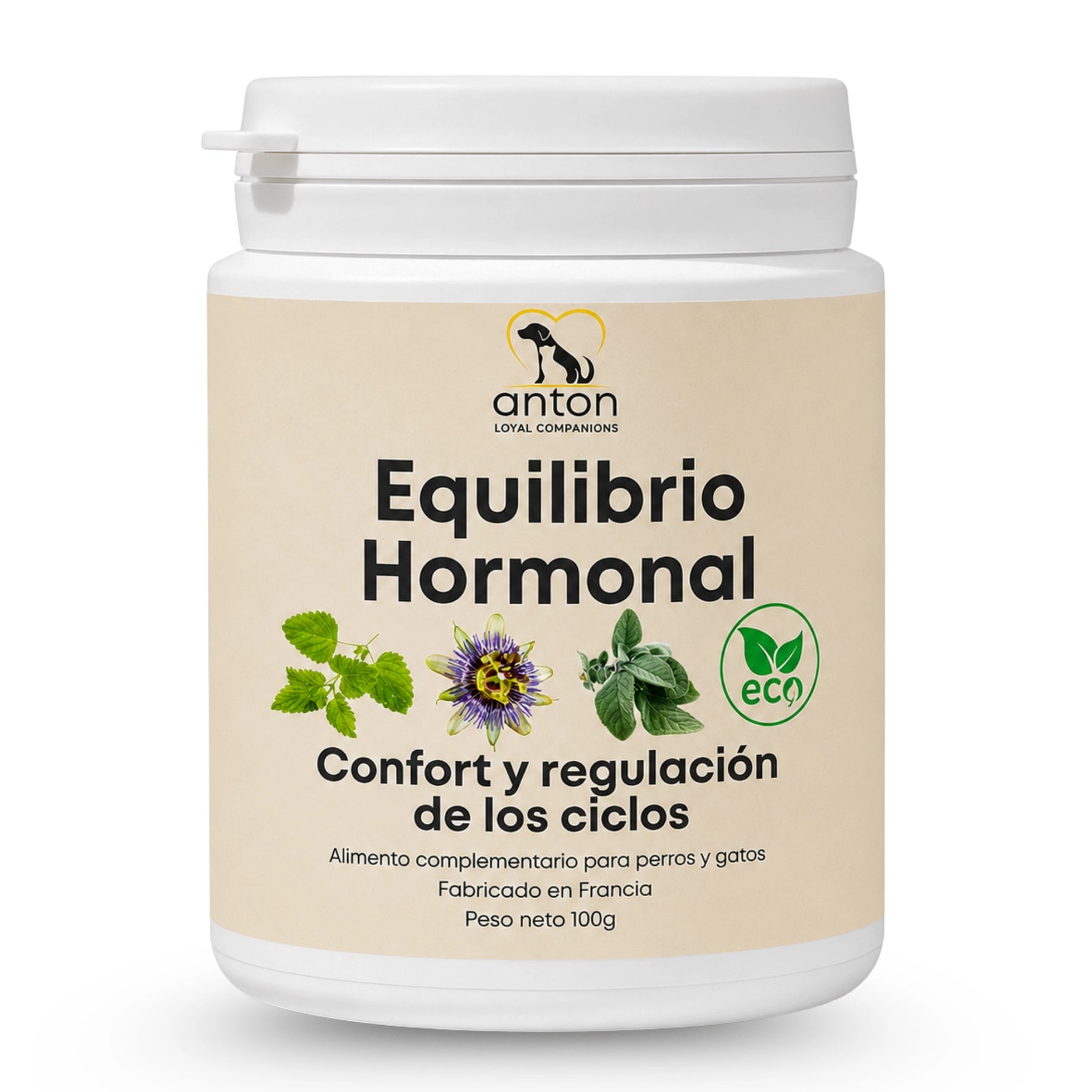 Imagen del envase de Equilibrio Hormonal ECO ANTON LC para perros y gatos. Suplemento natural elaborado con melisa, pasiflora y salvia, formulado para acompañar el confort y la regulación de los ciclos y favorecer el equilibrio emocional de forma natural.