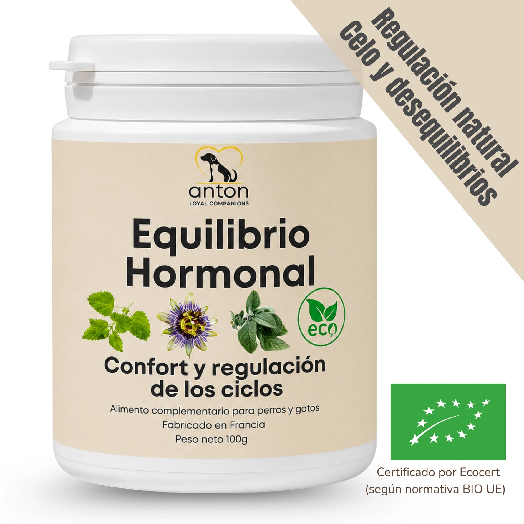 Suplemento natural ECO para perros y gatos formulado para acompañar el confort y la regulación de los ciclos. Imagen del envase Equilibrio Hormonal ANTON LC con certificación Ecocert, elaborado con melisa, pasiflora y salvia para apoyar el equilibrio emocional y hormonal de forma natural.