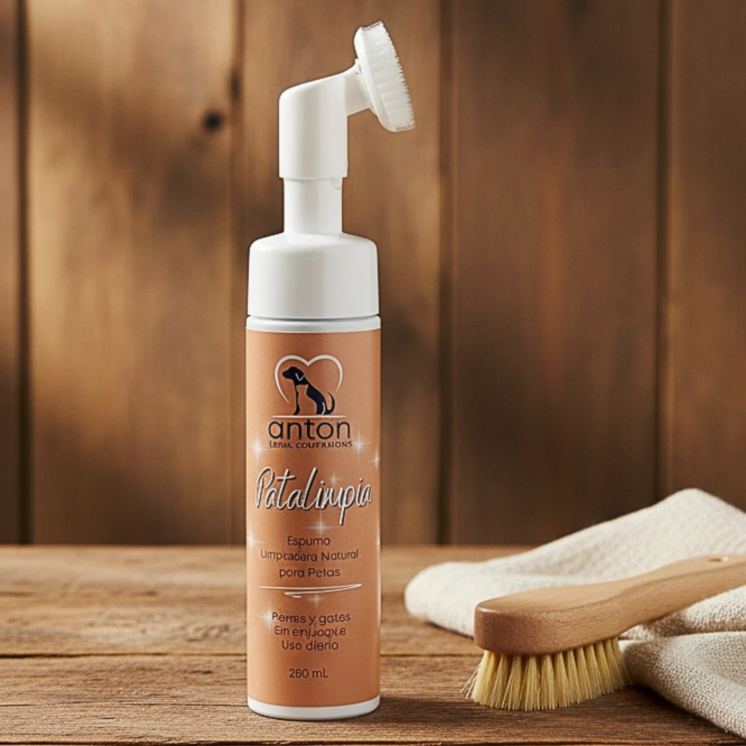 Espuma limpiadora natural para patas de perros y gatos ANTON Loyal Companions sobre mesa de madera con cepillo, limpieza suave sin enjuague, uso diario y 100 % natural.
