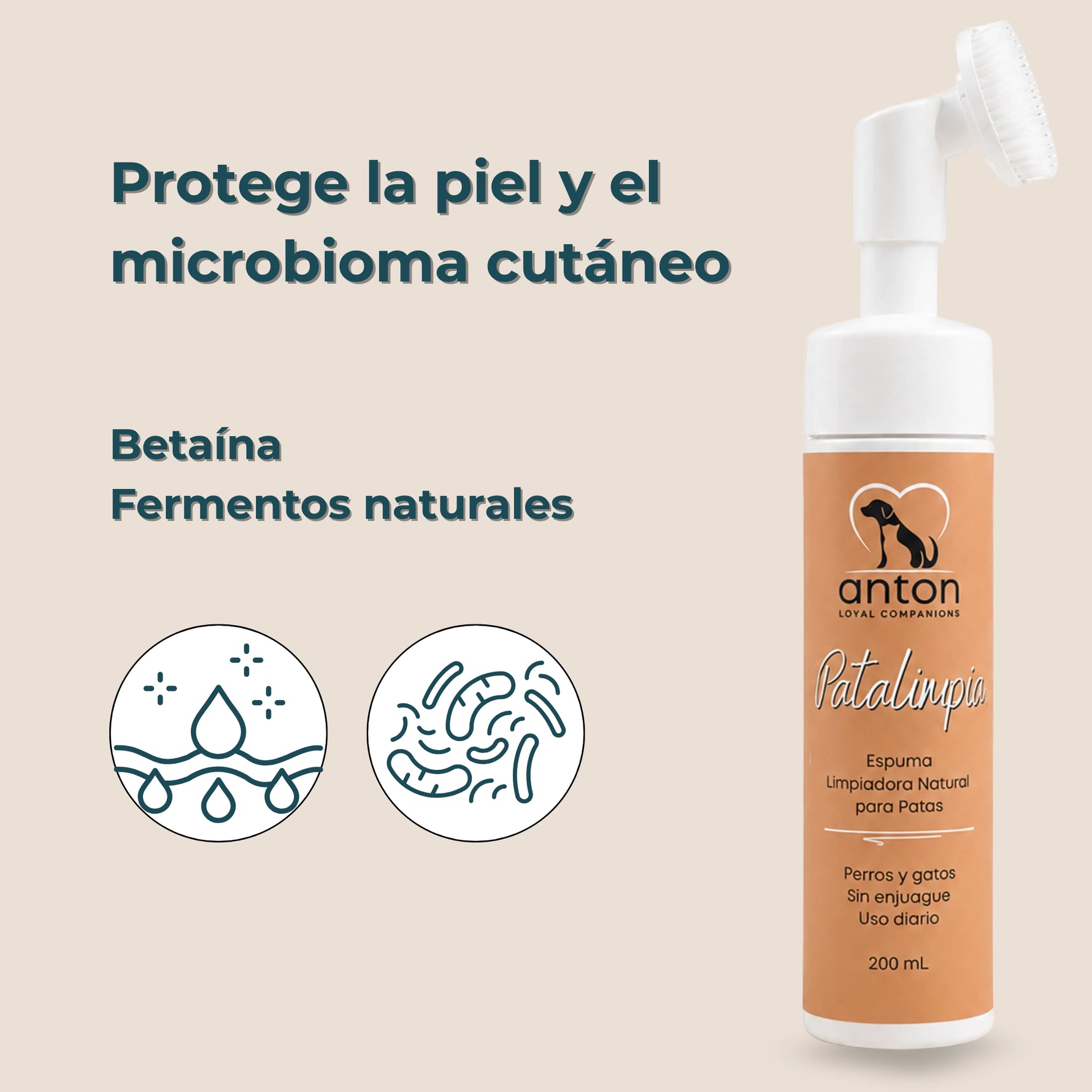 Espuma limpiadora para patas de perros y gatos ANTON LC formulada con betaína y fermentos naturales para ayudar a mantener la higiene de las almohadillas y el equilibrio de la piel.