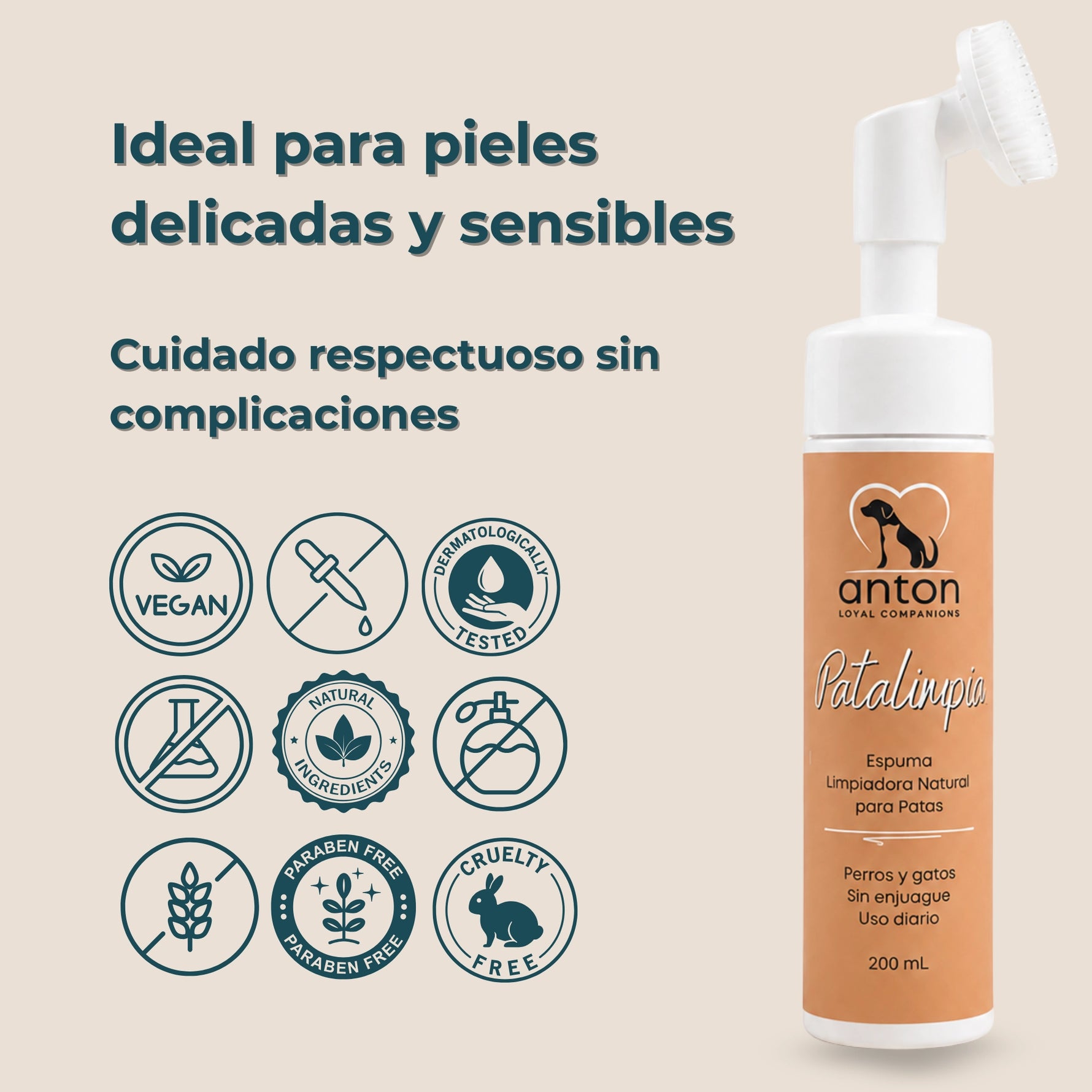 Espuma limpiadora para patas de perros y gatos ANTON LC indicada para pieles sensibles, elaborada con ingredientes de origen natural y apta para el cuidado diario de las almohadillas.