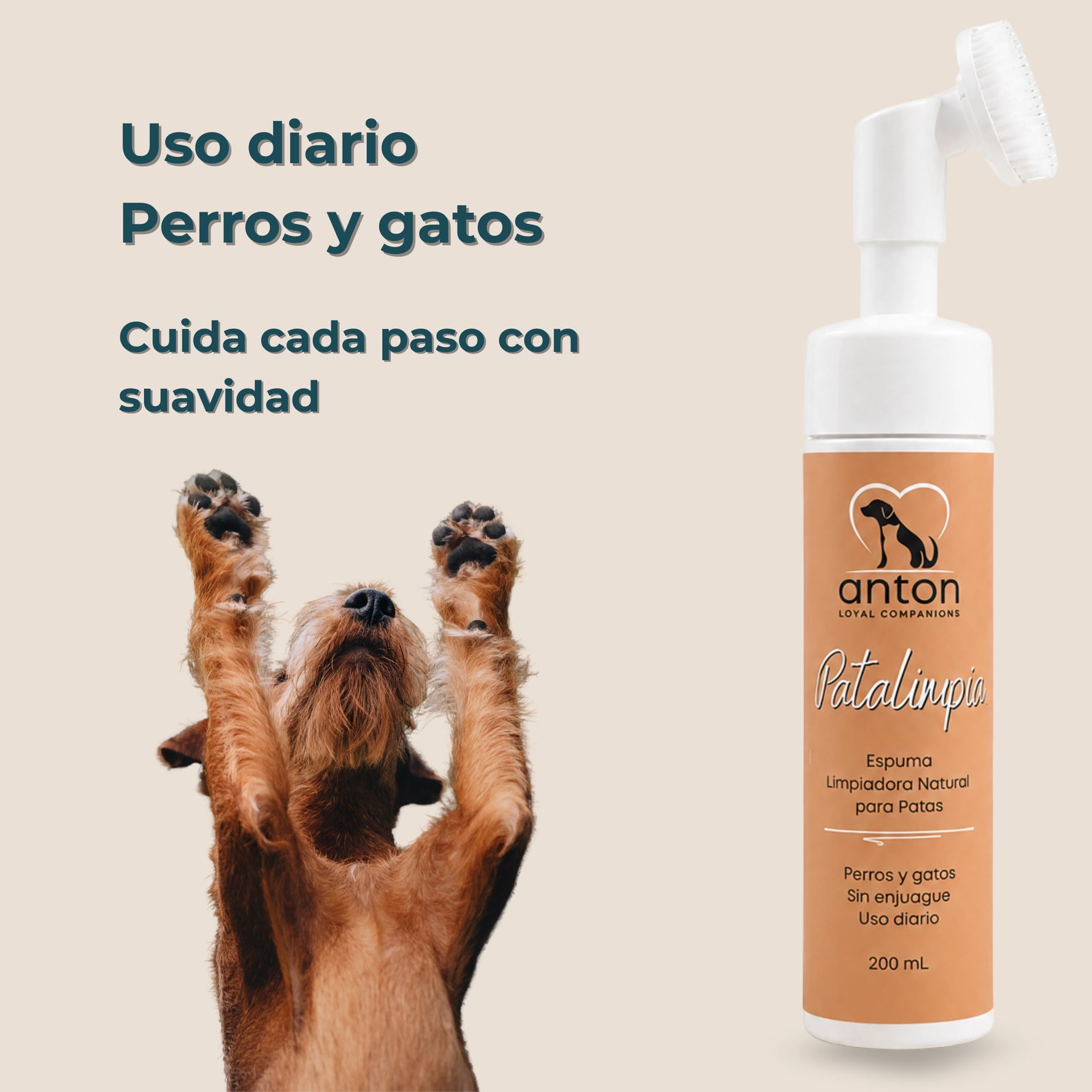 Espuma limpiadora para patas de perros y gatos ANTON LC para uso diario, formulada para ayudar a mantener las almohadillas limpias después de los paseos y las actividades al aire libre.