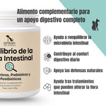 Suplemento natural para perros y gatos orientado al apoyo digestivo. Imagen del envase Equilibrio de la Flora Intestinal con menciones al equilibrio de la microbiota, el confort digestivo diario y el apoyo a las defensas naturales.