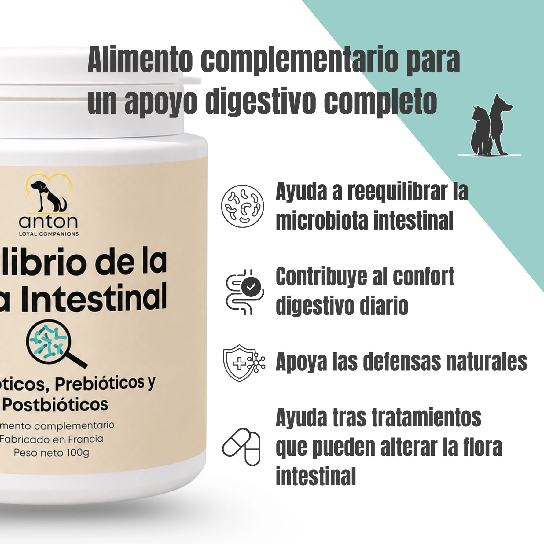 Suplemento natural para perros y gatos orientado al apoyo digestivo. Imagen del envase Equilibrio de la Flora Intestinal con menciones al equilibrio de la microbiota, el confort digestivo diario y el apoyo a las defensas naturales.