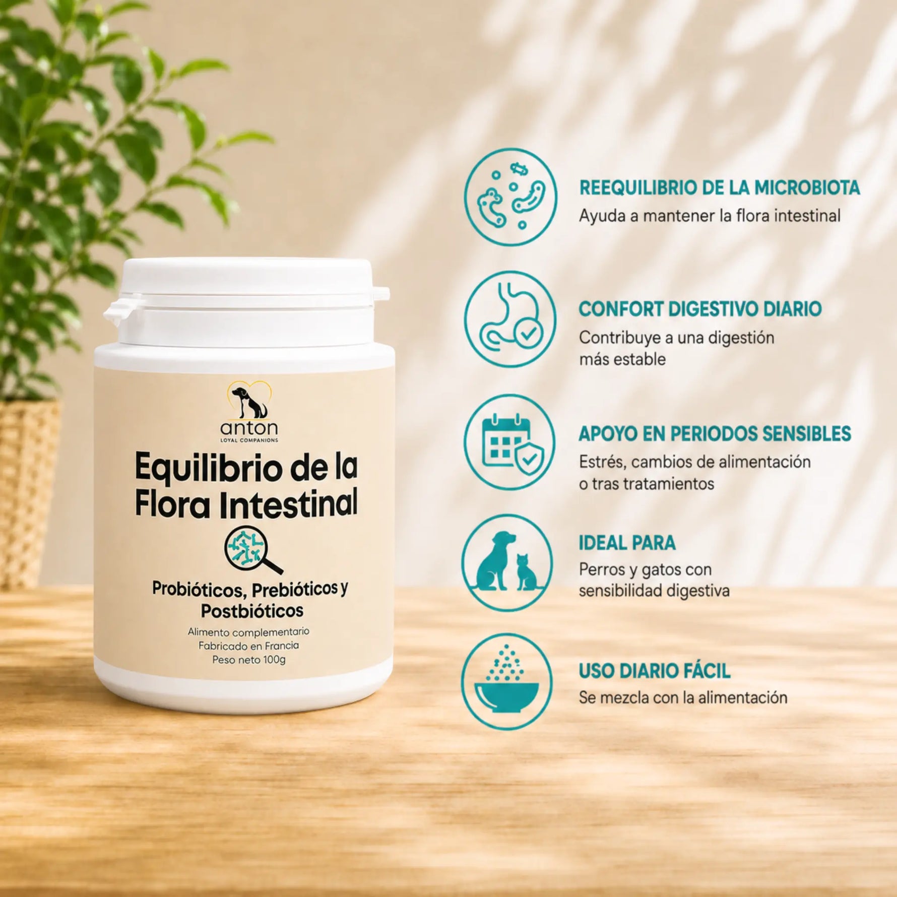 Equilibrio de la Flora Intestinal para perros y gatos con prebióticos y postbióticos para el bienestar digestivo diario.