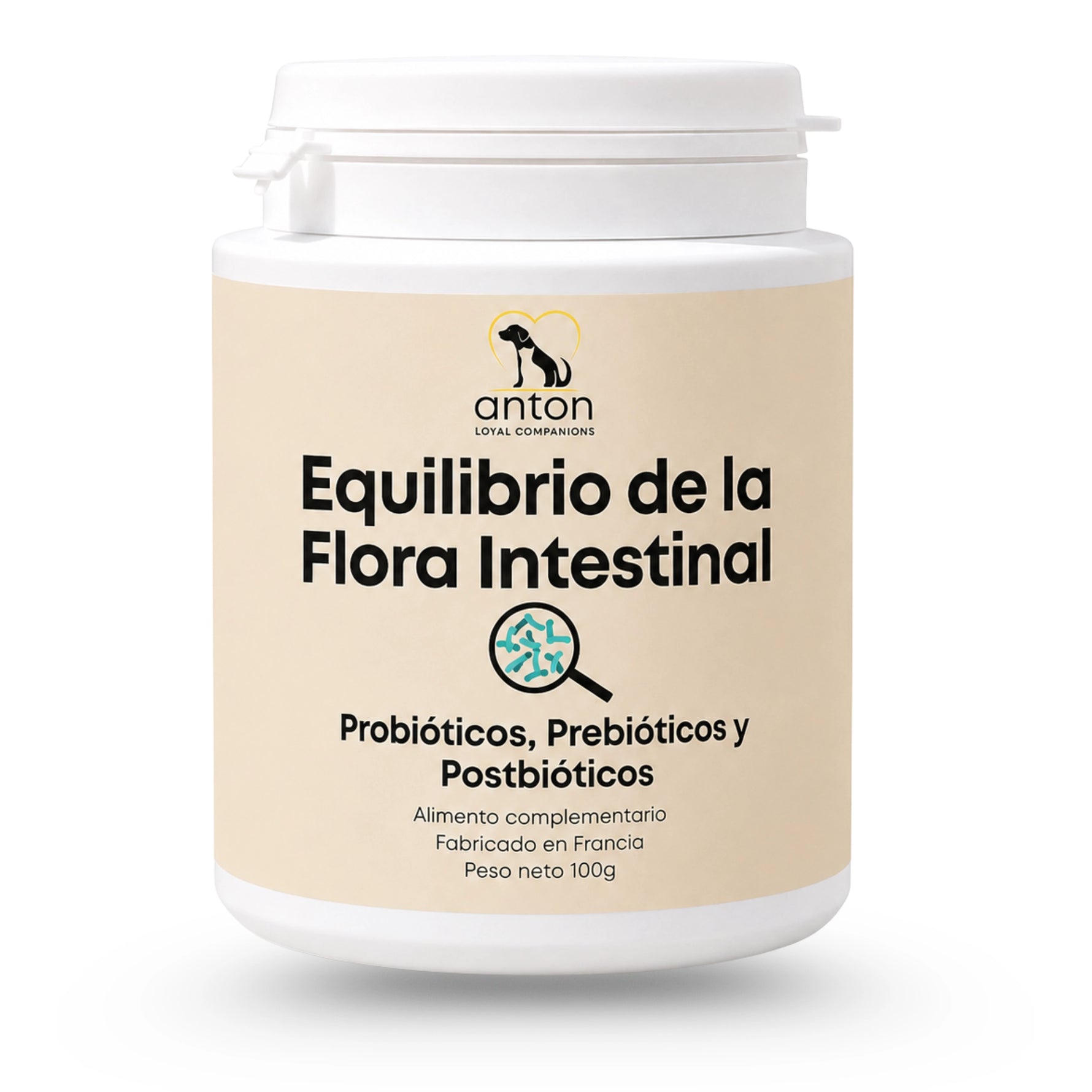 Suplemento natural para perros y gatos para el equilibrio de la flora intestinal. Imagen del envase Equilibrio de la Flora Intestinal con prebióticos, probióticos y postbióticos orientados al apoyo digestivo y al mantenimiento de una microbiota equilibrada.