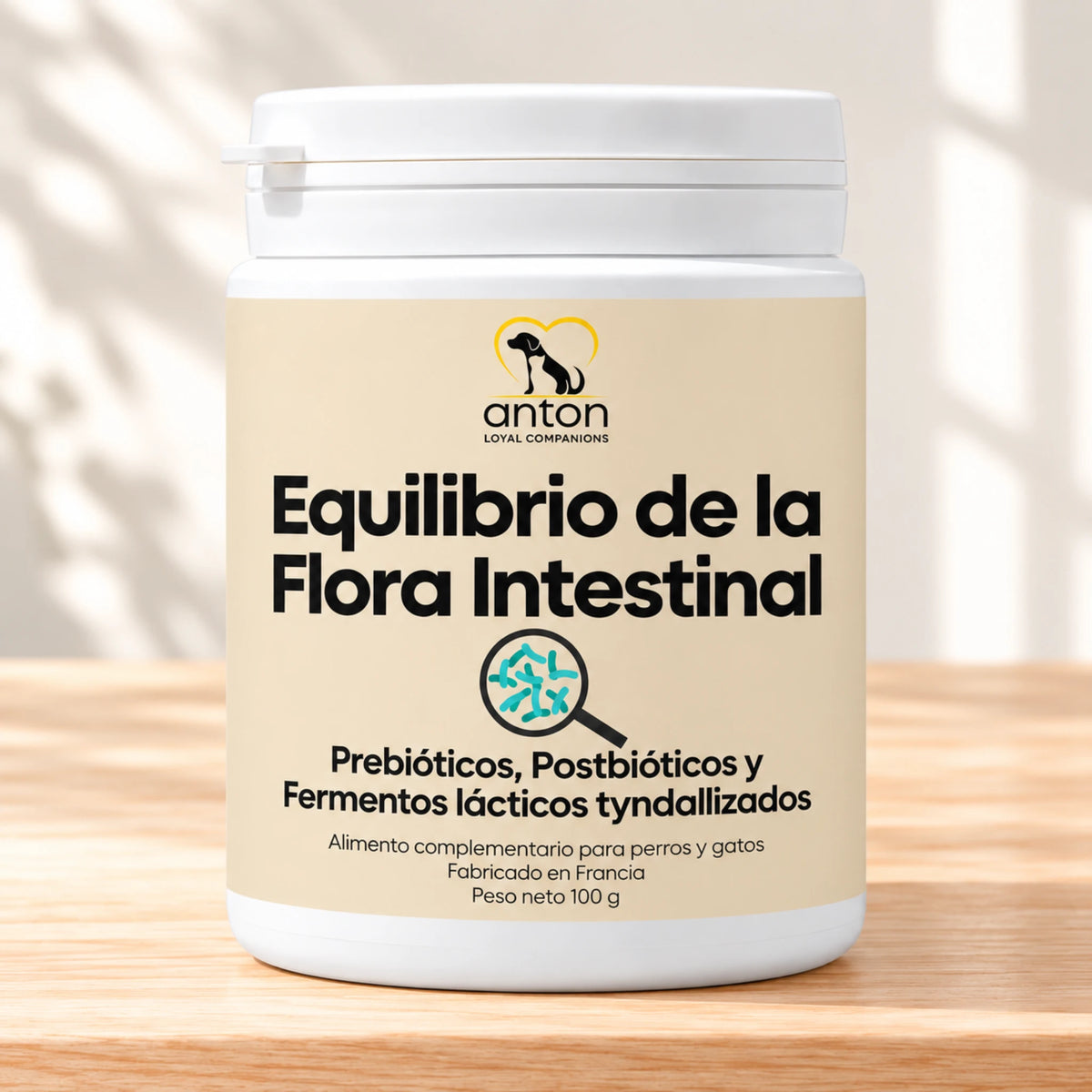 Equilibrio de la flora intestinal ANTON Loyal Companions para perros y gatos, con prebióticos, postbióticos y fermentos lácticos tindalizados. Bote de 100 g.