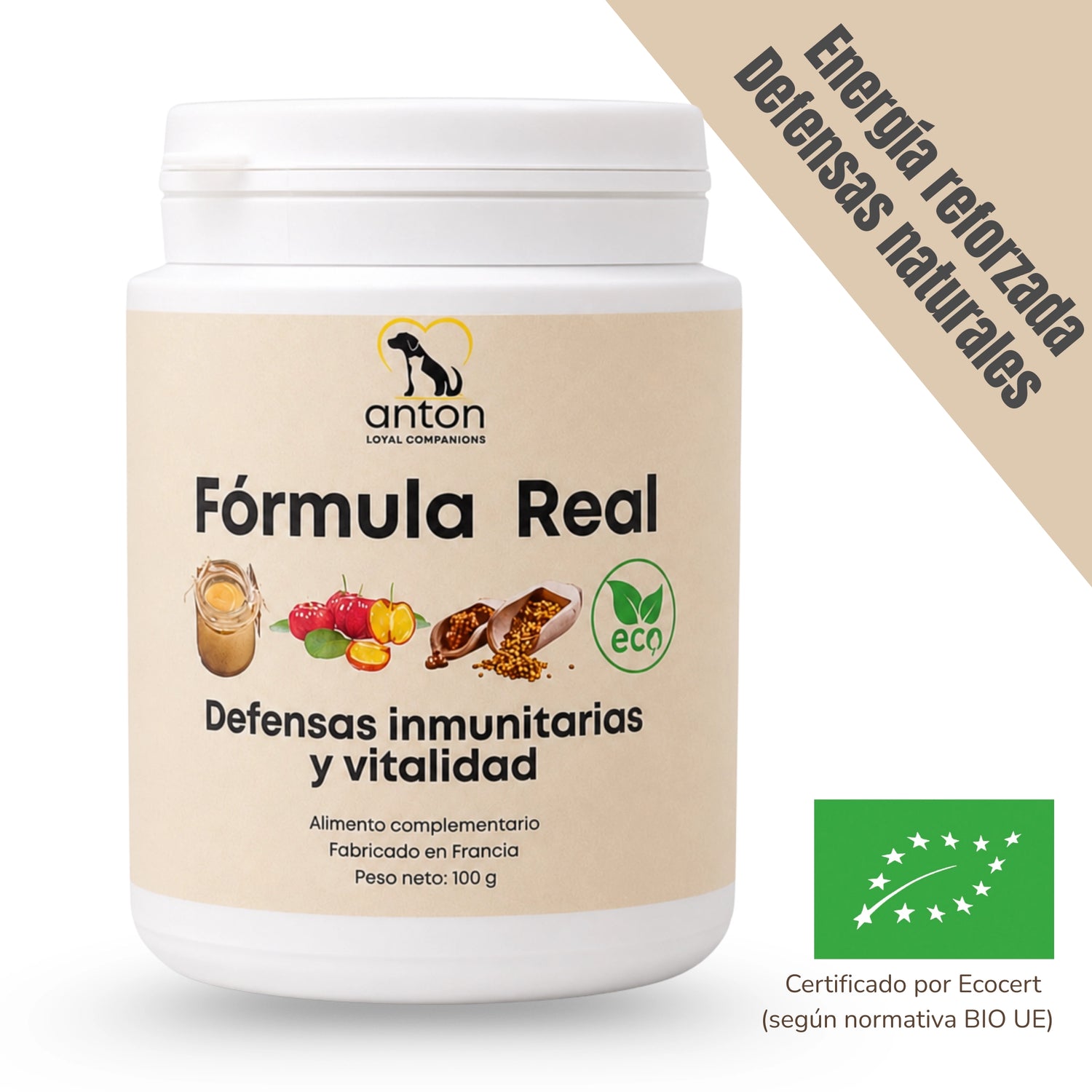 Fórmula Real BIO para perros y gatos, complemento alimentario para apoyar las defensas inmunitarias y la vitalidad, certificado por Ecocert.