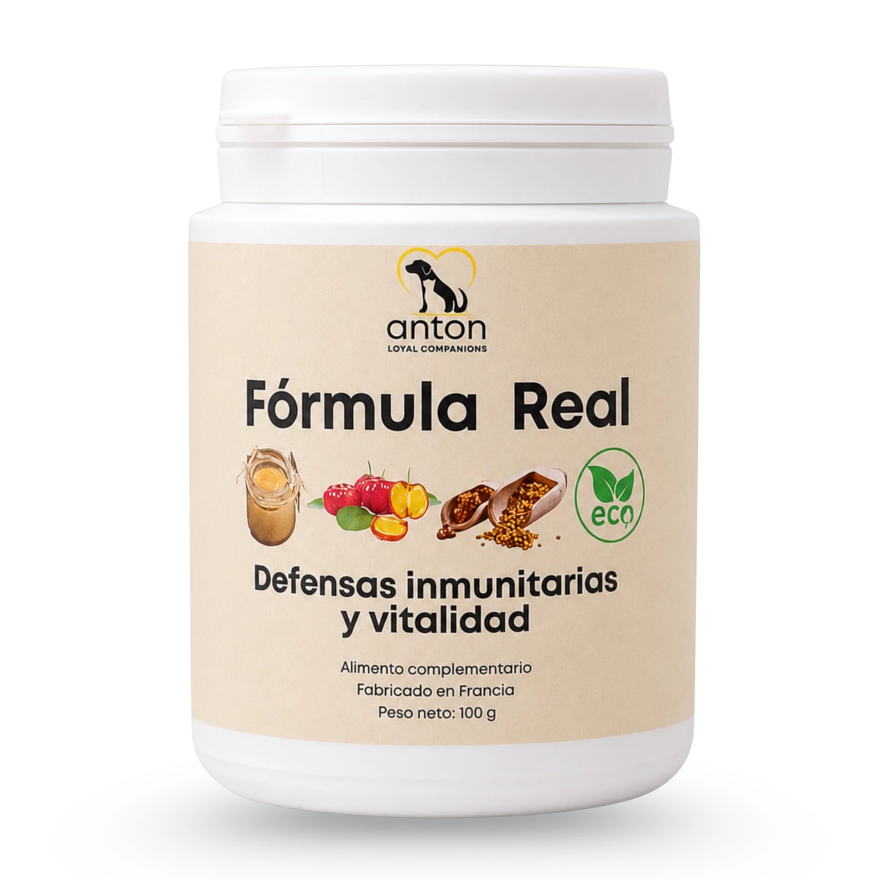 Bote de Fórmula Real BIO para perros y gatos, complemento alimentario para apoyar las defensas inmunitarias y la vitalidad.