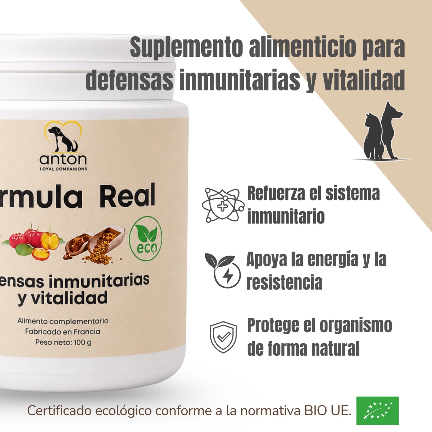 Fórmula Real BIO para perros y gatos, suplemento alimenticio que apoya las defensas inmunitarias, la energía y la vitalidad.