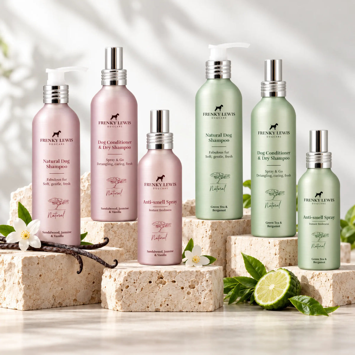 Gama Frenky Lewis para perros con champús, acondicionadores y sprays en las variedades Sandalwood, Jasmine & Vanilla y Green Tea & Bergamot, presentados en frascos rosas y verdes.