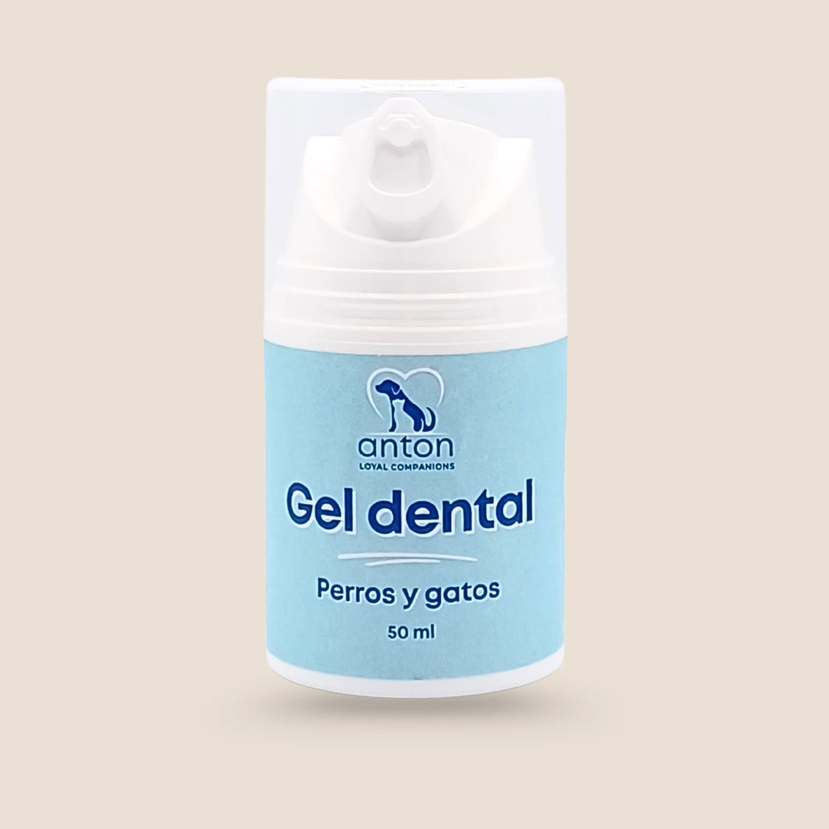Gel dental natural para perros y gatos de ANTON Loyal Companions, frasco de 50 ml sobre fondo beige