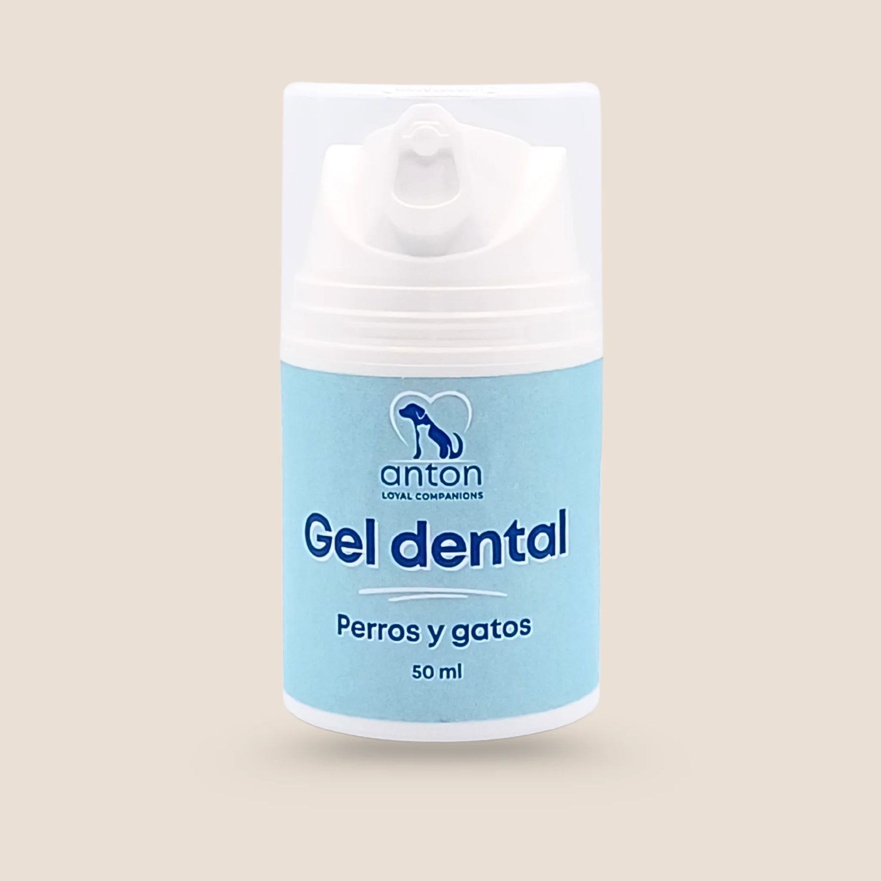 Gel dental natural para perros y gatos de ANTON Loyal Companions, frasco de 50 ml sobre fondo beige