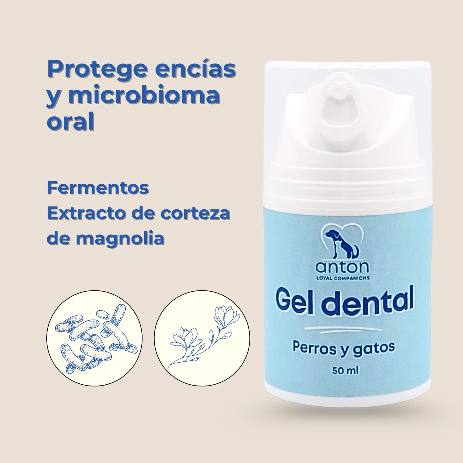 Gel dental natural para perros y gatos de ANTON Loyal Companions, con fermentos y extracto de corteza de magnolia para proteger encías y microbioma oral.