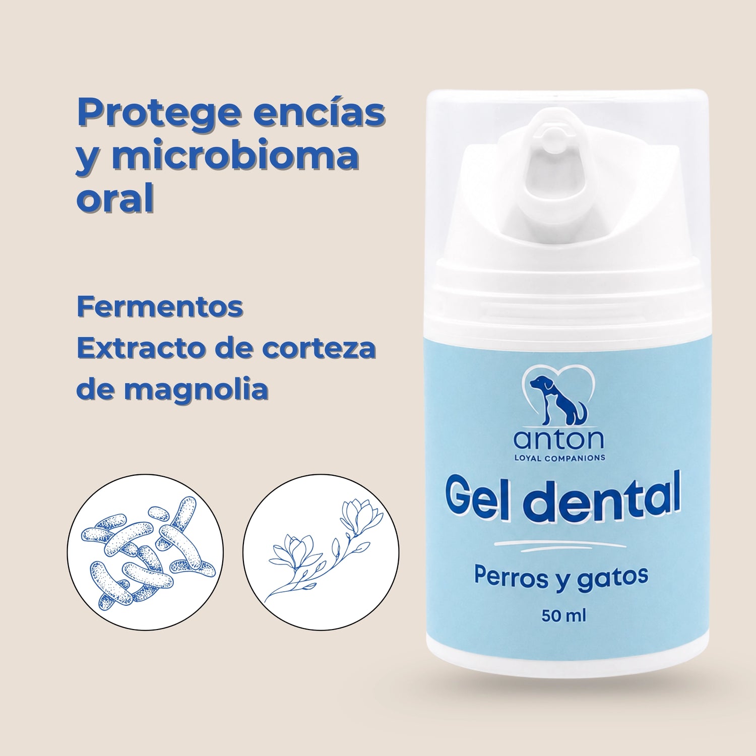 Gel dental natural ANTON para perros y gatos con fermentos y extracto de corteza de magnolia para ayudar a proteger las encías y el microbioma oral.