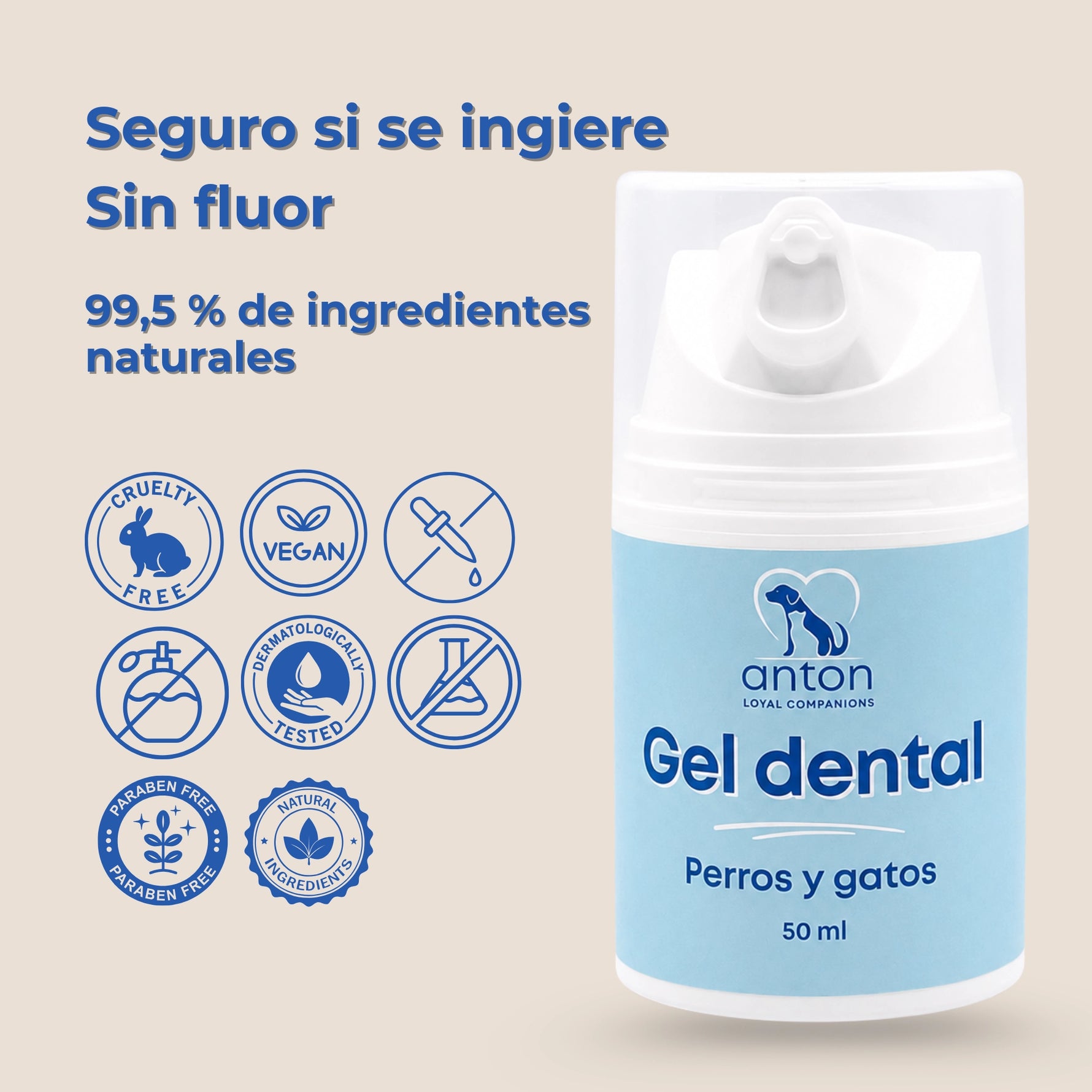 Gel dental natural ANTON para perros y gatos con 99,5 % de ingredientes naturales, sin flúor, seguro si se ingiere, vegano y cruelty free.