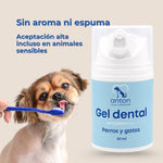 Gel dental natural ANTON para perros y gatos sin aroma ni espuma. Alta aceptación incluso en animales sensibles durante la higiene bucal diaria.